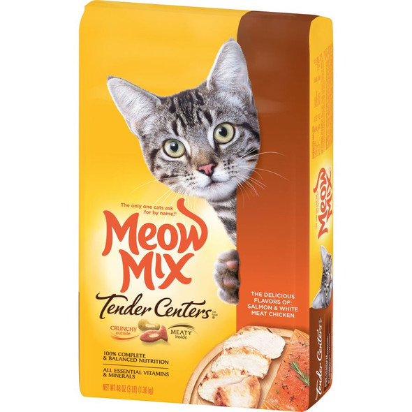 <body><p>Each bite of Meow Mix Tender Centers Salmon & White Meat Chicken Flavors cat food combines irresistible salmon and chicken flavors with a crunchy outer layer and a meaty center. The protein rich recipe contains essential nutrients to help keep your cat healthy and happy. With wholesome ingredients and irresistible taste, no wonder it's the only one that cats ask for by name!</p><ul><li>Kibble combines tender center with crunchy outer layer</li> <li>100% complete and balanced nutrition</li> <li>Provides all essential vitamins and minerals</li></ul></body>