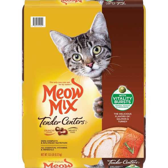 <body><p>Two of your cat's favorite flavors come together in Meow Mix Tender Centers Salmon & Turkey Flavors with Vitality Bursts cat food. This uniquely delicious food has a meaty center surrounded by a delicious crunchy outside. Vitality Bursts also contain a wholesome blend of antioxidants, vitamins, and minerals to help support your cat's health. With a variety of tastes and textures plus nutritious ingredients, it's no wonder that cats and parents ask for it by name!</p><ul><li>Vitality Bursts contain a blend of antioxidants, vitamins and minerals to help support a healthy immune system, healthy skin and coat as well as strong teeth and bones</li> <li>100% complete and balanced nutrition</li> <li>Provides all essential vitamins and minerals</li></ul></body>