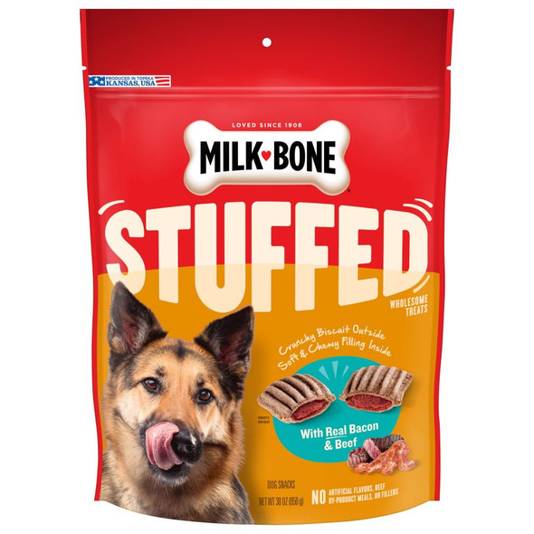 <body><p>Give your dog a treat stuffed with goodness with Milk-Bone Stuffed Dog Snacks. These flavorful dog treats have two appetizing textures: a satisfying crunch on the outside and a chewy, wholesome filling made with real bacon and beef on the inside. Feed as a treat to dogs of all sizes. Theyâ€™ll love the big, hearty, delicious flavors in every bite, and youâ€™ll love that these treats are produced in the USA with the worldâ€™s finest ingredients. No artificial flavors, beef by-product meals or fillers used here. Bring home a box for treating moments big and small. Doglife has never been more delicious.</p><ul><li>2 appetizing textures: a satisfying crunch on the outside and a chewy, wholesome filling on the inside</li> <li>Feed as a treat to dogs of all sizes</li> <li>Produced in the USA with the worldâ€™s finest ingredients</li> <li>No artificial flavors, beef by-product meals or fillers</li></ul></body>
