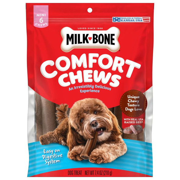 <body><p>Not every moment in a dogâ€²s life is a walk in the (dog) park. When the going gets ruff, comfort them with safe and delicious dog chews you can trust. Milk-Bone Mini Comfort Chews feature a uniquely chewy texture designed for the ultimate dog enjoyment, and theyâ€²re made with real beef for an irresistibly delicious experience. This comforting combo of taste and texture is sure to get your dogâ€²s tail wagging. Better yet, you can feel good about the way these day-saving mini dog treats are made. Milk-Bone Mini Comfort Chews are 100% rawhide free dog chews that are easy on the digestive system. Their special texture is also easy on teeth and gums, even as the chewing action helps clean teeth. And theyâ€²re produced in Topeka, Kansas, USA, with no artificial flavors, no poultry by-product meal, and colors from natural sources only. Keep a stash on standby for whenever your dog needs a little extra love.</p><ul><li>Uniquely chewy texture designed for the ultimate dog enjoyment</li> <li>Made with real beef for an irresistibly delicious experience</li> <li>Comforting combo of taste and texture</li> <li>100% rawhide free dog chews that are easy on the digestive system</li> <li>Special texture is easy on teeth and gums, even as the chewing action helps clean teeth</li> <li>Produced in Topeka, Kansas, USA</li> <li>No artificial flavors, no poultry by-product meal, and colors from natural sources only</li></ul></body>