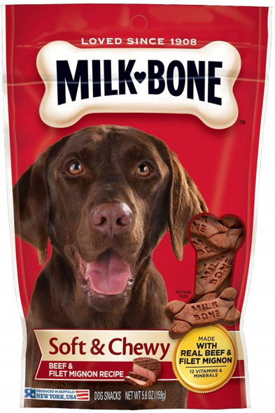 <body><p>Milk-Bone Soft & Chewy Beef & Filet Mignon Recipe dog snacks are delicious, tender snacks that are made with real beef. Prepared with care by the makers of Milk-Bone dog snacks, these tasty treats will give your dog the simple, genuine joy that your dog gives you every day.</p><ul><li>Wholesome, delicious treats that you can feel good about giving</li> <li>Fortified with 12 vitamins & minerals to help keep your dog at his or her best</li></ul></body>