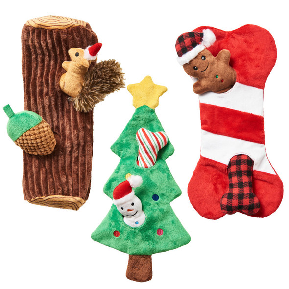 <body><p>Holiday themed plush puzzle dog toy assortment. Each puzzle includes two plush toys with squeakers. Crinkle paper adds to the fun. Your dog will love searching out the toys!</p><ul><li>Holiday Toys</li> <li>Plush puzzle dog toy assortment</li> <li>Each puzzle includes two plush toys with squeakers</li> <li>Crinkle paper</li></ul></body>