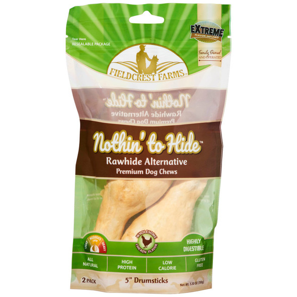 <body><p>Nothin' to Hide chews are highly digestible alternative to rawhide. Available in a wide range of sizes and shapes, our savory coated chews are sure to offer a safe, flavorful chewing experience for your pets.</p><ul><li>Highly digestible alternative to rawhide</li> <li>Savory flavor coated chews</li> <li>Safe, flavorful chewing experience for your pets</li> <li>Available in a wide range of sizes and shapes</li> <li>Contains 2 piece drumstick in a resealable pouch</li></ul></body>