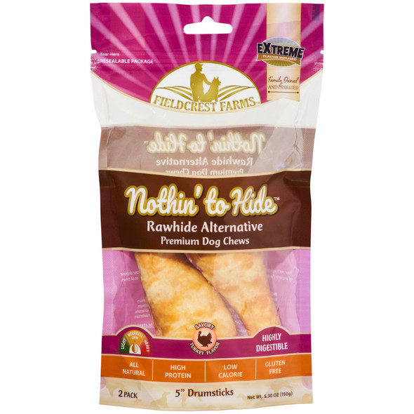 <body><p>Nothin' to Hide chews are highly digestible alternative to rawhide. Available in a wide range of sizes and shapes, our savory coated chews are sure to offer a safe, flavorful chewing experience for your pets.</p><ul><li>Highly digestible alternative to rawhide</li> <li>Savory flavor coated chews</li> <li>Safe, flavorful chewing experience for your pets</li> <li>Available in a wide range of sizes and shapes</li> <li>Contains 2 piece drumstick in a resealable pouch</li></ul></body>