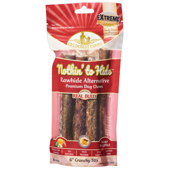 <body><p>Nothin' to Hide Crunchy Stixs are highly digestible, very palatable dog chew. These chews are made with Nothin but the best ingredients. These high protein, low calorie chews contain 3 simple ingredients, real beef, sweet potato and beef bully and is ideal for puppies and non-aggressive chewers.</p><ul><li>Highly digestible</li> <li>High protein, low calorie chews</li> <li>3 simple ingredients, Â real beef, sweet potato and beef bully</li> <li>Ideal for puppies and non-aggressive chewers.</li> <li>Contains 6 piece 6'' crunchy stixs in a resealable pouch</li></ul></body>