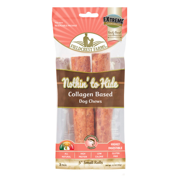 <body><p>Nothin' to Hide chews are highly digestible, long lasting, collagen based chews. Available in a wide range of sizes and shapes, our salmon coated chews are sure to offer a safe, flavorful chewing experience for your pets. Contains 2 5 rolls in resealable pouch</p><ul><li>Highly digestible</li> <li>Long lasting</li> <li>Collagen based</li> <li>Contains 2 5 rolls in resealable pouch</li></ul></body>