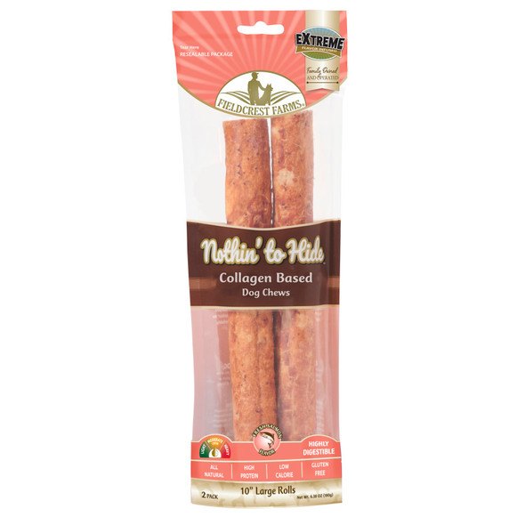 <body><p>Nothin' to Hide chews are highly digestible, long lasting, collagen based chews. Available in a wide range of sizes and shapes, our salmon coated chews are sure to offer a safe, flavorful chewing experience for your pets. Contains 2 10 rolls in resealable pouch</p><ul><li>Highly digestible</li> <li>Long lasting</li> <li>Collagen based</li> <li>Contains 2 10 rolls in resealable pouch</li></ul></body>