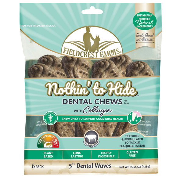 <body><p>Nothin' to Hide Dental Chews are delicious, gluten-free and made with natural, plant-based, sustainably sourced ingredients. A multi-textured chew to help tackle tartar and plaque build-up and formulated to last. Contains 6 5 chews in a resealable pouch.</p><ul><li>Gluten-free</li> <li>Made with natural, plant-based, sustainably sourced ingredients</li> <li>Multi-textured chew to help tackle tartar and plaque build-up</li> <li>Formulated to last</li> <li>Contains 6 5 chews in a resealable pouch</li></ul></body>