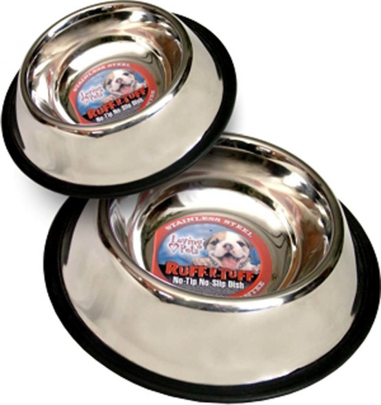 <body><p>Loving Pets Ruff-N-Tuff Traditional No-tip Stainless Steel dog dishes offer all the advantages of stainless steel plus the added bonus of a no-tip design with no-skid, noise free, removable rubber base. Veterinarian recommended, stainless steel is durable, healthy, easy to clean, dishwasher safe, and bacteria resistant. Ruff N' TuffÂ® Traditional No-tip Stainless Steel dog dishes are the some of the most affordable no tip dishes available.</p></body>