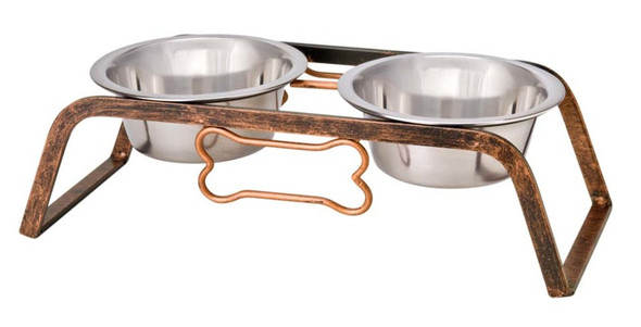 <body><p>Black Label Rustic Bone Raised Double Diners have a beautiful aged copper finish on an elevated solid galvanized steel frame which holds two Ruff N' Tuff stainless steel bowls. No-Skid rubber feet prevent slipping, sliding, and spilling. Bacteria resistant stainless steel bowls clean easily and are dishwasher safe. The height of the stand increases as bowl volume grows.</p></body>