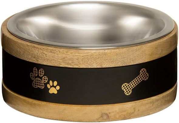 <body><p>The stainless steel Black Label Wooden Ring Dog Bowl from Loving Pets has a thick wooden ring-shaped base featuring a beautiful black label. The single wooden dog bowl holder and easy-to-clean stainless steel interior have skid-resistant, protective pads to prevent sliding. These handcrafted dog bowls come with a wooden base treated with a durable, protective finish. A decorative band of black powder-coated wrought iron, beautifully engraved with a bone and gold paw pattern, wraps around the shallow channel. Loving Pets' Black Label Wooden Ring Dog Bowl is tip-resistant and loved by pet owners for its bacteria-resistant, dishwasher-safe stainless steel bowl.</p><ul><li>Handcrafted wooden base dog bowl holder with stainless steel bowl</li> <li>Wooden base treated with a durable, protective finish</li> <li>Bacteria-resistant, dishwasher-safe stainless steel bowl</li> <li>Skid-resistant protective pads to prevent sliding</li> <li>Tip-resistant</li></ul></body>
