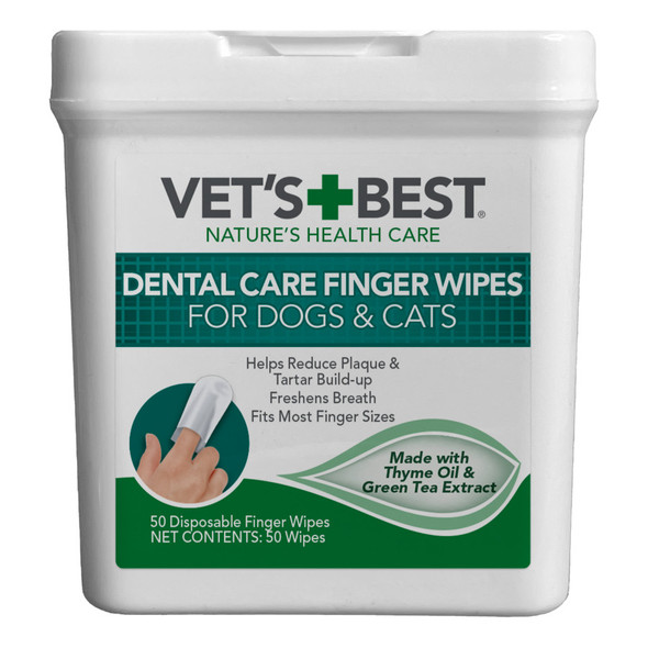<body><p>Vet's Best Dental Care Finger Wipes for Dogs & Cats provide an effective way to clean your petâ€™s teeth and maintain good oral hygiene. Regular use of Vet's Best Dental Care Finger Wipes will help in reducing plaque build-up and promote fresh breath. This specially designed wipe allows the pet owner to be guided by their own touch when cleaning their petâ€™s teeth.</p><ul><li>Helps reduce plaque and tartar buildup</li> <li>Freshens breath</li> <li>Fits most finger sizes</li> <li>Made with thyme oil & green tea extract</li></ul></body>