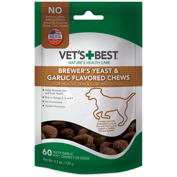 <body><p>Vetâ€™s Best Brewerâ€™s Yeast & Garlic Flavored Chews are vet formulated to provide a delicious source of omega fatty acids and antioxidant protection that help maintain a healthy skin and coat. Infused with AAFCO approved amount of Brewer's Yeast and Garlic that is ideal for outdoor dogs without the use of harsh ingredients.</p><ul><li>Helps maintain skin & coat health</li> <li>Rich in omega 3, 6, and 9</li> <li>Vet formulated</li> <li>Holistic protection</li></ul></body>