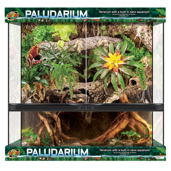 <body><p>Zoo Meds Paludarium is a Terrarium with a built in 20 gallon Aquarium! Exclusive Features: Double door glass opening with snap closure. Stainless Steel screen top that will not corrode and accommodates a dome clamp lamp fixture or the optional Light Bar. Special screen top keeps feeder insects in while allowing greater UVA and UVB penetration throughout the terrarium. Lockable door for safety and security (lock not included). Front and top ventilation for natural air flow inside terrarium. 6 power cord and airline tubing exit slots</p></body>