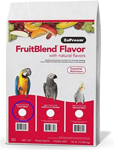 <body><p>FruitBlend Flavor with Natural Flavors for LARGE BIRDS FruitBlend Flavor with natural flavors provides healthy and delicious nutrition for everyday feeding for Amazons, Macaws, Cockatoos and other large parrots that prefer this pellet size. Essential Nutrition Feed Essential Nutrition products daily to provide your bird essential nutrition for a healthy and balanced diet.</p><ul><li>100% GUARANTEE â€“ FruitBlendÂ® is so good we back it up with a 100% guarantee!</li> <li>FRUIT BASED â€“ This food contains fruit and natural fruit flavors including bananas, apples, oranges, and grapes. Even picky birds love FruitBlendÂ®!</li> <li>HEALTHY and DELICIOUS FruitBlend Smart Pellets. Made with whole grains from North Americaâ€™s Heartland.</li> <li>ESSENTIAL NUTRITION. Fortified with essential vitamins, minerals, and amino acids. Feed daily to provide the foundation of your birdâ€™s diet.</li> <li>Convert Your Bird to a Healthier Diet. Converting your bird to a food that includes pellets is worth the effort for his/her health and wellbeing.</li></ul></body>