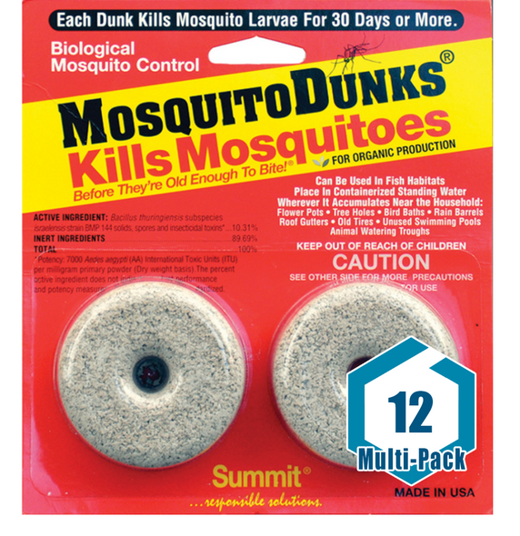 This item is a multi-pack, which includes (12) Summit Mosquito Dunks Kills Mosquitoes Organic - 2 pk. Kills mosquitoes before they are old enough to bite! Mosquito Dunks is a biological insecticide (BTI) that kills the larvae of mosquitoes that transmit West Nile Virus, Zika Virus, and Dengue Fever. The only sustained release product with BTI, a bacteria toxic only to mosquito larvae, that lasts 30 days or more. Place Dunk in standing water where mosquitoes breed. Each Dunk treats 100 square feet of surface water regardless of depth. For less water, Dunks can be broken into halves or quarters. Labeled for organic gardening by the USEPA. Highly effective low impact product. Non-toxic to all other wildlife, pets, fish, and humans.<br/><br/>