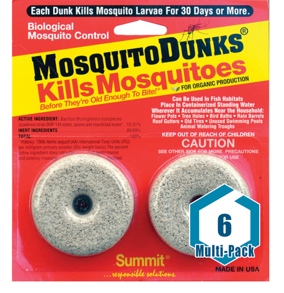 This item is a package bundle that features Mosquito Dunks, a leading biological insecticide leveraging BTI (Bacillus thuringiensis israelensis) to eradicate mosquito larvae before they can mature and bite. This product is specifically aimed against mosquitoes which are vectors for serious diseases such as West Nile Virus, Zika Virus, and Dengue Fever. It stands out as the sole sustained release solution containing BTI, effective for over 30 days. Ideal for application in standing water where mosquitoes are known to breed, each Dunk is capable of treating 100 square feet of surface water, irrespective of its depth. For smaller volumes of water, the Dunks can be segmented. Certified for organic gardening purposes by the USEPA, it boasts a high efficacy rate while maintaining a low environmental footprint. Additionally, it is entirely non-toxic, presenting no harm to wildlife, pets, fish, or humans.