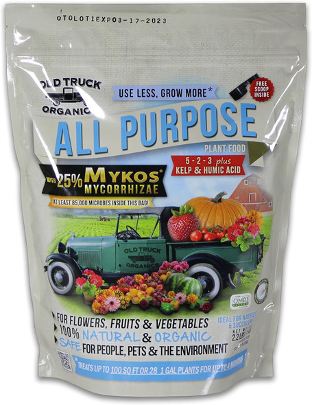 <b>Old Truck Organics All Purpose Fertilizer</b> is a <i>premium organic fertilizer</i> designed to help you grow <b>more nutritious and better-tasting food</b> from your garden. This unique blend contains <b>root-enhancing MYKOS Mycorrhizae</b>, a powerful combination of beneficial bacteria and mycorrhizal fungi that <i>promote healthy root growth</i> and improved nutrient uptake. <br><br>Unlike other fertilizers with insignificant amounts of mycorrhizal inoculants, each 2.2-pound bag of Old Truck Organics <b>contains at least 85,000 MYKOS mycorrhizal propagules</b>, ready to <i>spring into action</i> as soon as they come in contact with new plant roots. <br><br>In addition to MYKOS, this fertilizer is enriched with <b>humic acid and kelp</b>, which further enhance nutrient availability and plant vigor. The <b>balanced 5-2-3 NPK formula</b> is suitable for a wide range of plants, including vegetables, flowers, and lawns, ensuring <i>optimal growth and vibrant plants</i>. <br><br>Old Truck Organics All Purpose Fertilizer is <b>easy to use and safe for the environment</b>, containing no harsh chemicals or synthetic additives. Give your plants the <i>natural boost</i> they need with this high-quality organic fertilizer.