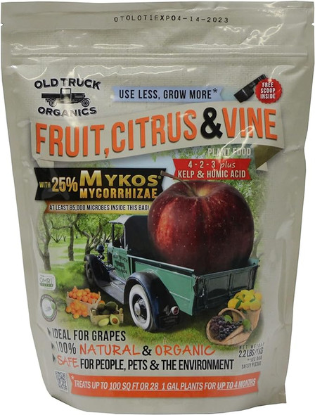 <b>Old Truck Organics Fruit, Citrus, & Vine Fertilizer</b> is a <i>premium organic fertilizer blend</i> designed to help you grow tastier and more nutritious fruits, citrus, and vines in your garden. <br><br>What sets this fertilizer apart is the addition of <b>MYKOS Mycorrhizae</b> - beneficial bacteria that enhance nutrient and water absorption by forming a symbiotic relationship with plant roots. Unlike other products with insignificant amounts, each <b>2.2 lb bag</b> contains at least <b>85,000 mycorrhizal propagules</b> ready to spring into action and promote robust root development. <br><br>With a balanced <b>NPK ratio of 4-2-3</b>, this fertilizer provides essential nutrients for optimal growth and yield. Say goodbye to subpar harvests and unlock the true potential of your fruit, citrus, and vine plants with Old Truck Organics!