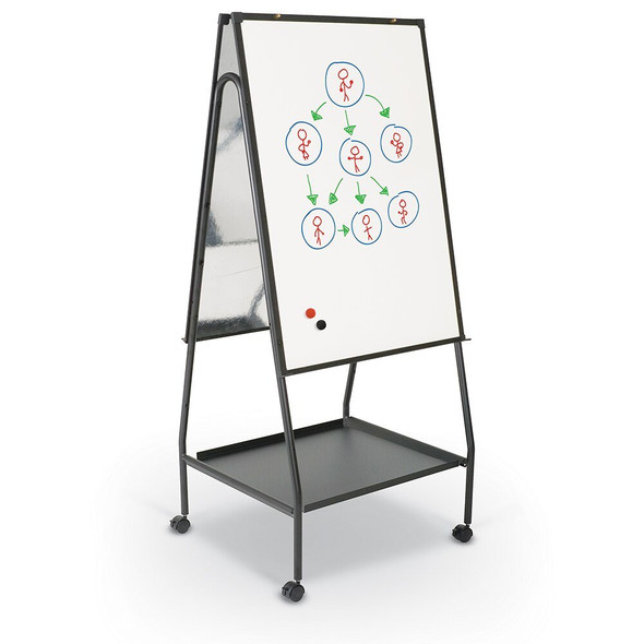 Easel on Wheels features a double-sided, melamine dry-erase surface. Writing surface is 28-3/4 wide x 41 high. Lower storage shelf accommodates accessories. Adjust in height from 58 to 65. Easel includes 2 locking casters for mobility and is equipped on both sides with pegs for flip chart use. Both sides have a full-length tray for markers.