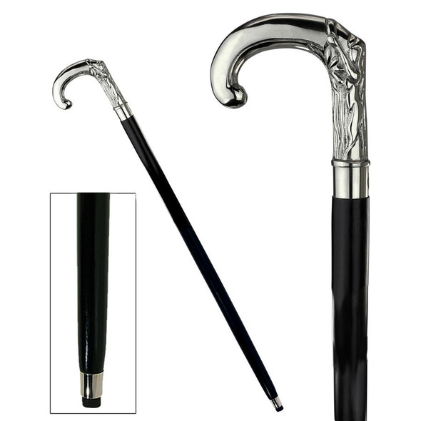 Stylish and functional, our hardwood and polished chrome Eve in Eden walking stick is a fashion accessory required with a gentleman's top hat and tails. Our Design Toscano hand-crafted, collectible, hardwood walking cane features a quality polished chrome electroplated metal finish and an ornamental crook knob handle displaying a symplifyed nude Eve in Eden, sure to lend style to any collection. This handsome walking stick boasts a polished ebonized hardwood shaft, which has been expertly lacquered with a matte clear coat finish to protect the wood. Fitted with a polymer ferrule tip and smart polished chrome electroplated metal collar. This decorative walking stick is not weight bearing and is not intended for orthopedic use.  4Wx&frac12;Dx38&frac12;H. 1 lb.