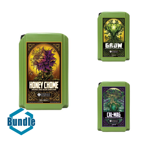 Emerald Harvest Honey Chome 2.5 Gal/9.46 L bundled with Emerald Harvest Grow 2.5 Gal/9.46 L bundled with Emerald Harvest Cal-Mag 2.5 Gal/9.46 L