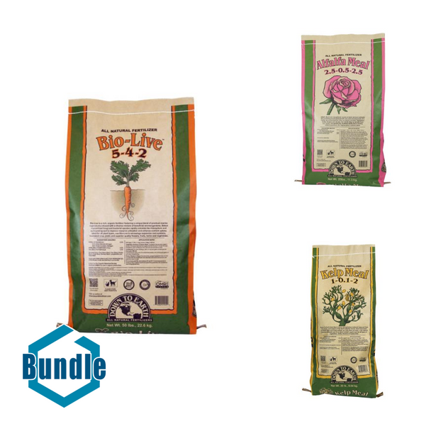 Down To Earth Bio-Live - 50 lb bundled with Down To Earth Alfalfa Meal - 25 lb bundled with Down To Earth Kelp Meal - 20 lb