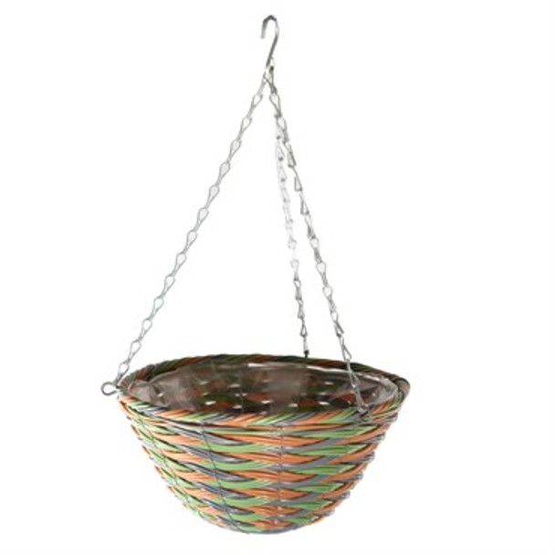 Gardener Select Woven Plastic Rattan Hanging Basket Round  Woven Gray, Orange & Green / 12in Diam x 5.9in H