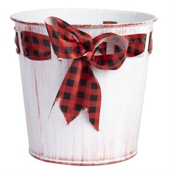 Gardener Select Embossed Zinc Planter White with Red Bow - 5in Round Pot - 5.1in Diam x 4.9in H