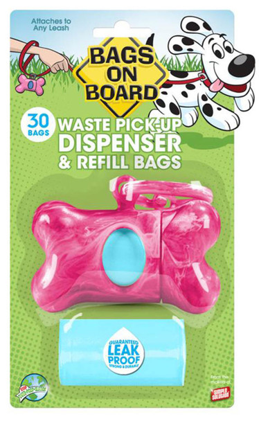 Bags on Board Bone Waste Pick-up Bag Dispenser with Dookie Dock - Pink - 2 Rolls Of 15 Pet Waste Bags