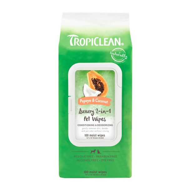 TropiClean Papaya & Coconut Luxury 2-in-1 Pet Wipes - 100 ct