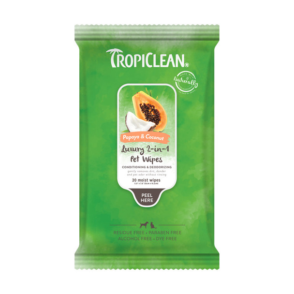 TropiClean Papaya & Coconut Luxury 2-in-1 Pet Wipes - 20 ct