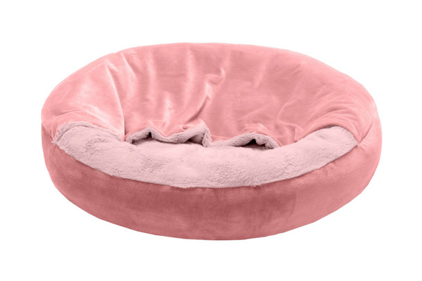 Fur Haven Pet Products Wave Fur & Velvet Hooded Donut Pet Bed - Rose Pink - SM