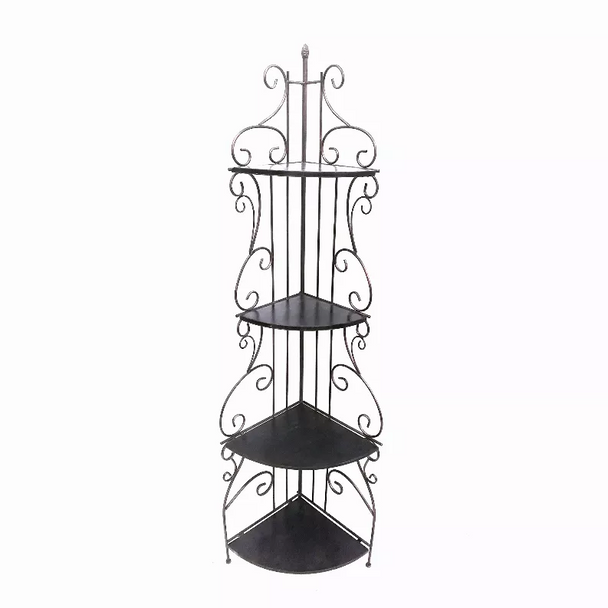 Scrollwork Design Metal Corner Bookcase with Four Wooden Shelves, Black and Copper - Black and Copper - 1583
