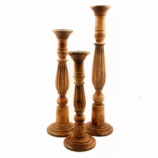 Benzara Wooden Natural Finish Pillar Shaped Candleholder, Set of 3, Brown - Brown - 6785