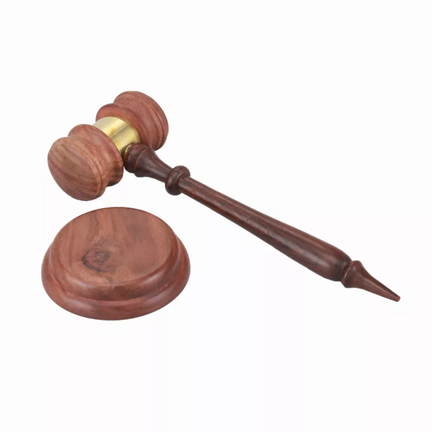 Handcrafted Wooden Gavel and Round Block Set with Brass Rim, Brown - Brown - 2359