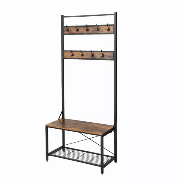 Industrial Wood and Metal Coat Rack with Shoe Bench, Brown and Black - Brown and Black - 2389