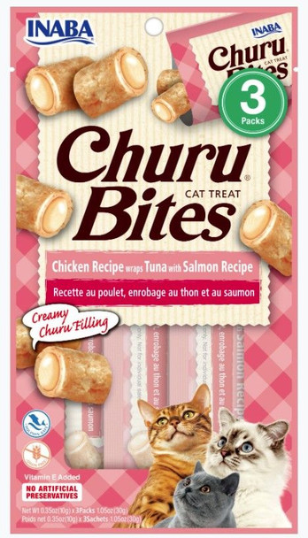 Inaba Churu Bites Cat Treat Chicken Recipe wraps Tuna with Salmon Recipe 3 count