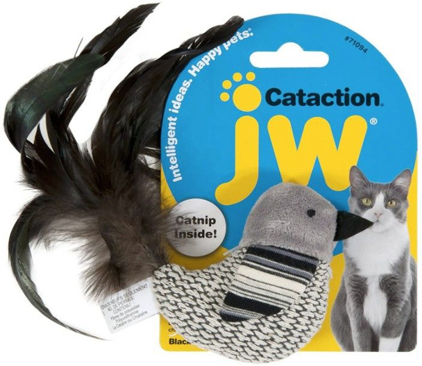 JW Pet Cataction Catnip Black And White Bird Cat Toy With Feather Tail  1 count