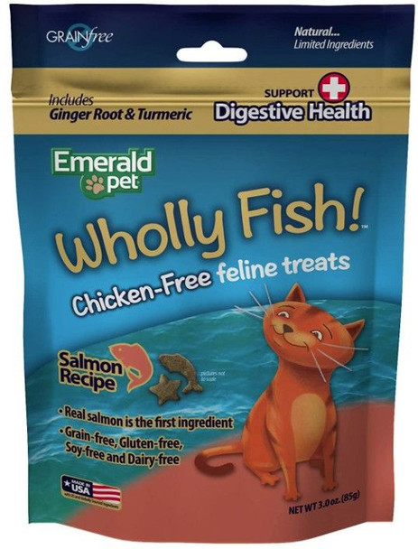 Emerald Pet Wholly Fish! Digestive Health Cat Treats Salmon Recipe 3 oz