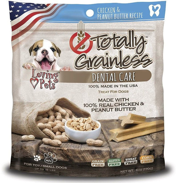 Loving Pets Totally Grainless Dental Care Chews - Chicken & Peanut Butter Toy/Small Dogs - 6 oz - (Dogs up to 15 lbs)