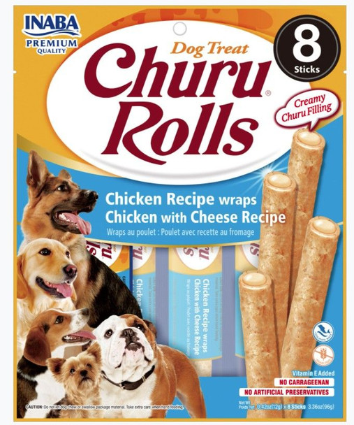 Inaba Churu Rolls Dog Treat Chicken Recipe wraps Chicken with Cheese Recipe 8 count