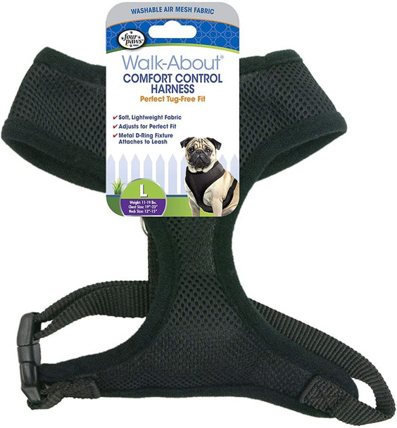 Four Paws Comfort Control Harness - Black Large - For Dogs 11-18 lbs (19-23 Chest & 13-15 Neck)
