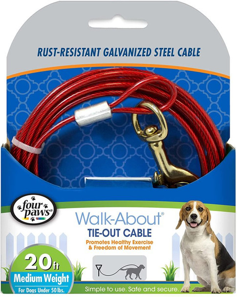 Four Paws Dog Tie Out Cable - Medium Weight - Red 20 Long Cable
