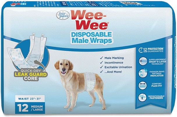Four Paws Wee Wee Disposable Male Dog Wraps Medium/Large - 12 Pack - (Fits Waists 15-29.5)