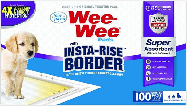 Four Paws Wee Wee Insta Rise Border Quilted Pads 100 count