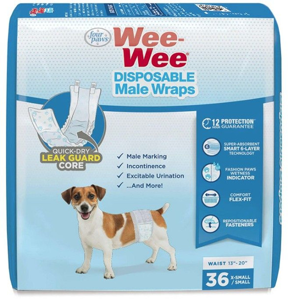 Four Paws Wee Wee Disposable Male Dog Wraps X-Small/Small 36 count