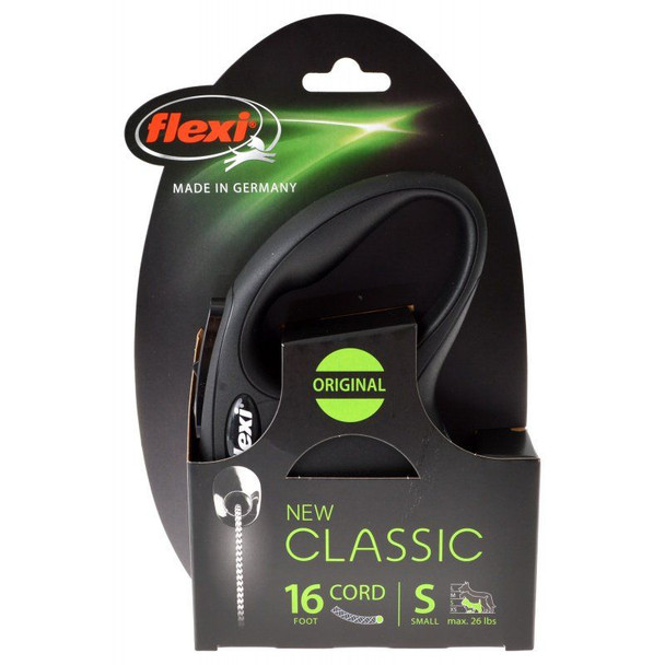 Flexi New Classic Retractable Cord Leash - Black Small - 16' Cord (Pets up to 26 lbs)