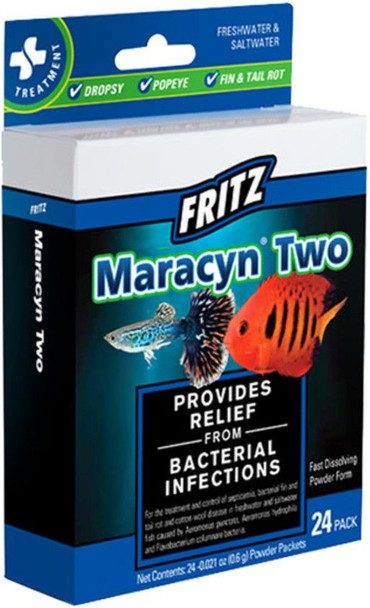 Fritz Maracyn Two Bacterial Medication Powder for Freshwater and Saltwater Aquariums 24 Count