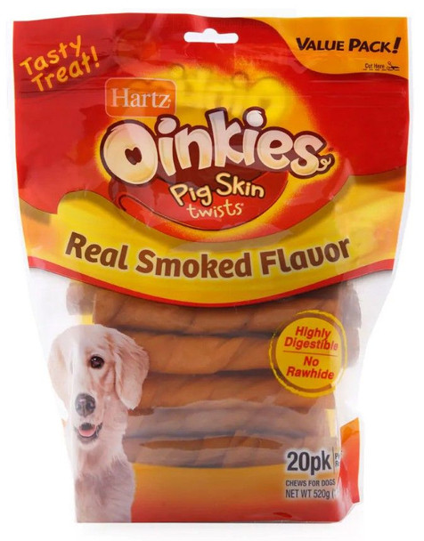 Hartz Oinkies Pig Skin Twists - Real Smoked Flavor Regular - 5 Long - 20 Pack